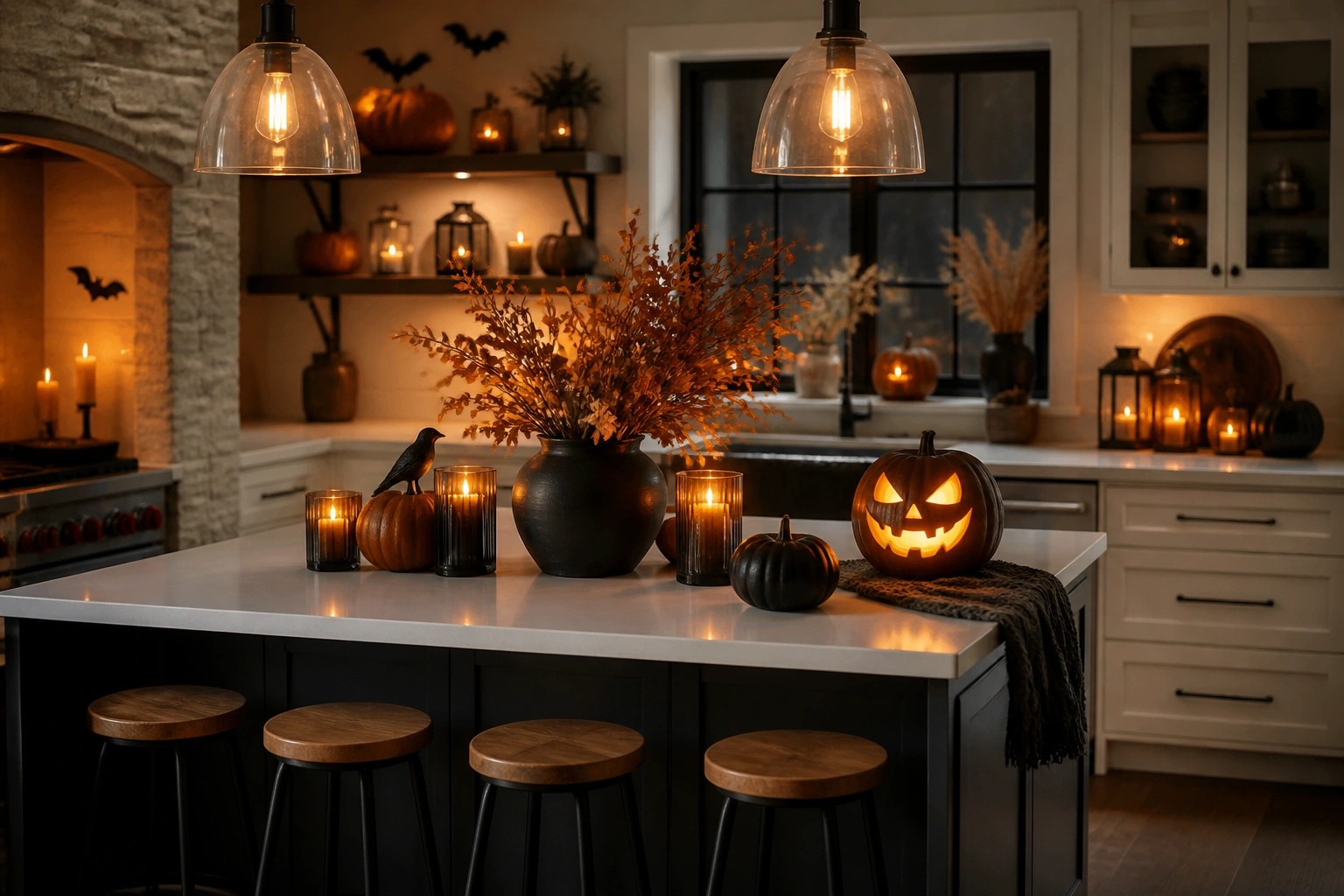 Kitchen island styled for Halloween with black lanterns, small skeleton figures, black pumpkins, and a white cobweb runner.