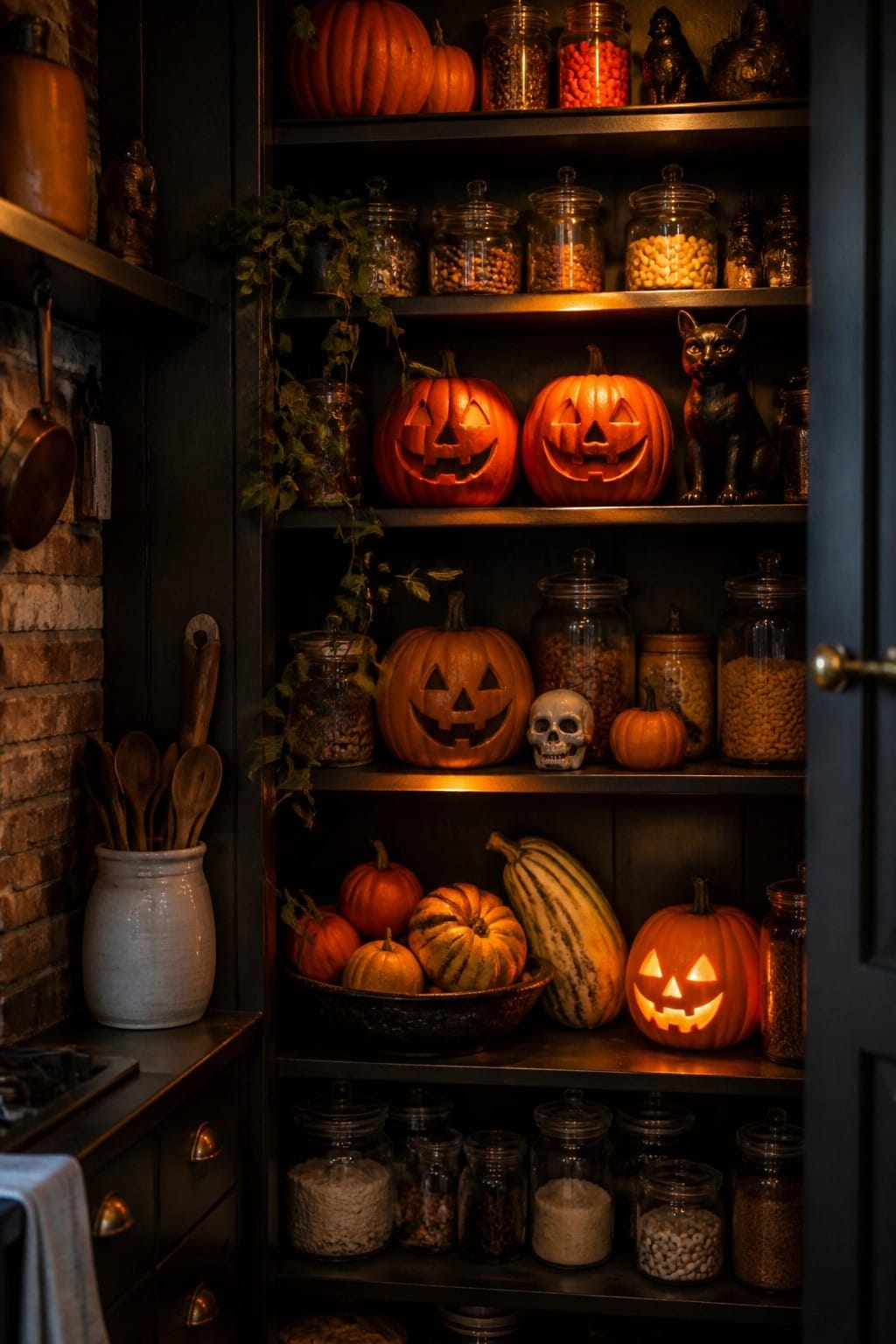 Kitchen pantry with multiple carved and lit jack-o'-lanterns arranged on dark open shelves alongside glass jars and small Halloween figurines.