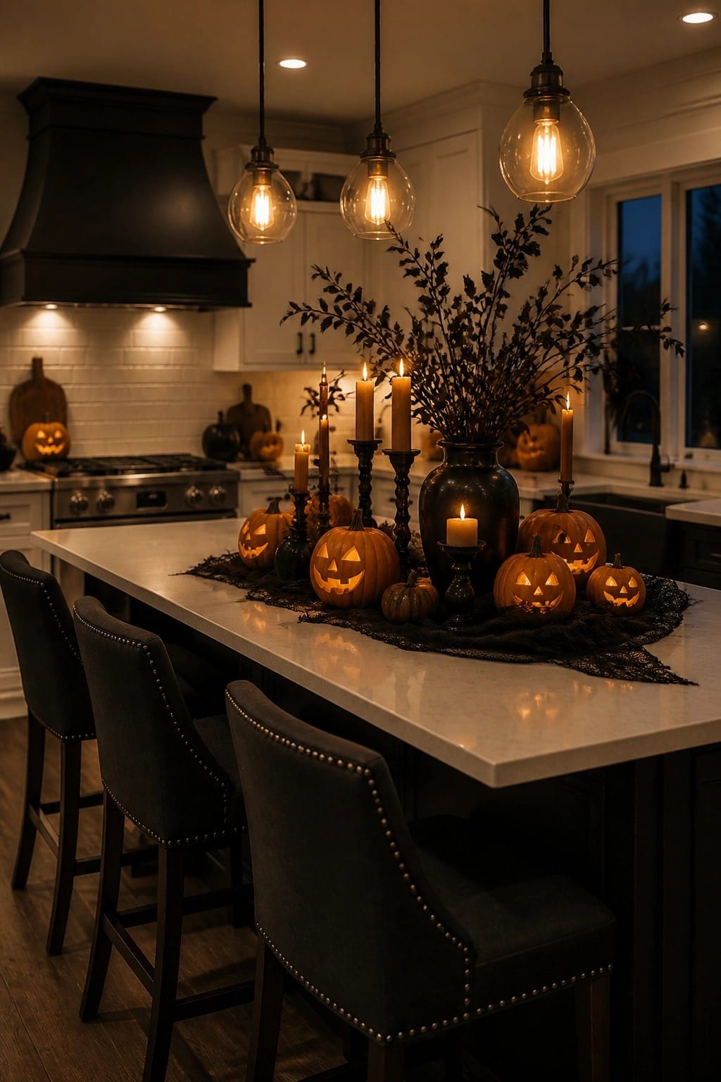 Kitchen island with several carved jack o lanterns, lit candles, and black branches arranged on a dark runner.