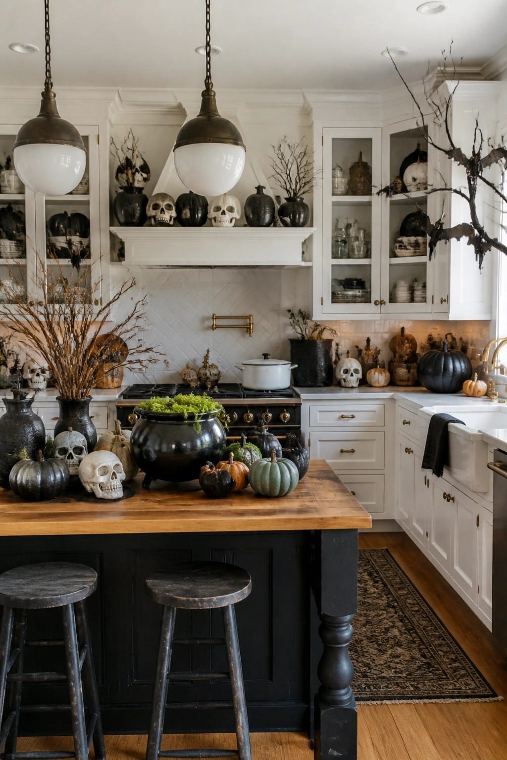 Spooky Halloween kitchen with skulls, pumpkins, and black cauldron on wooden island