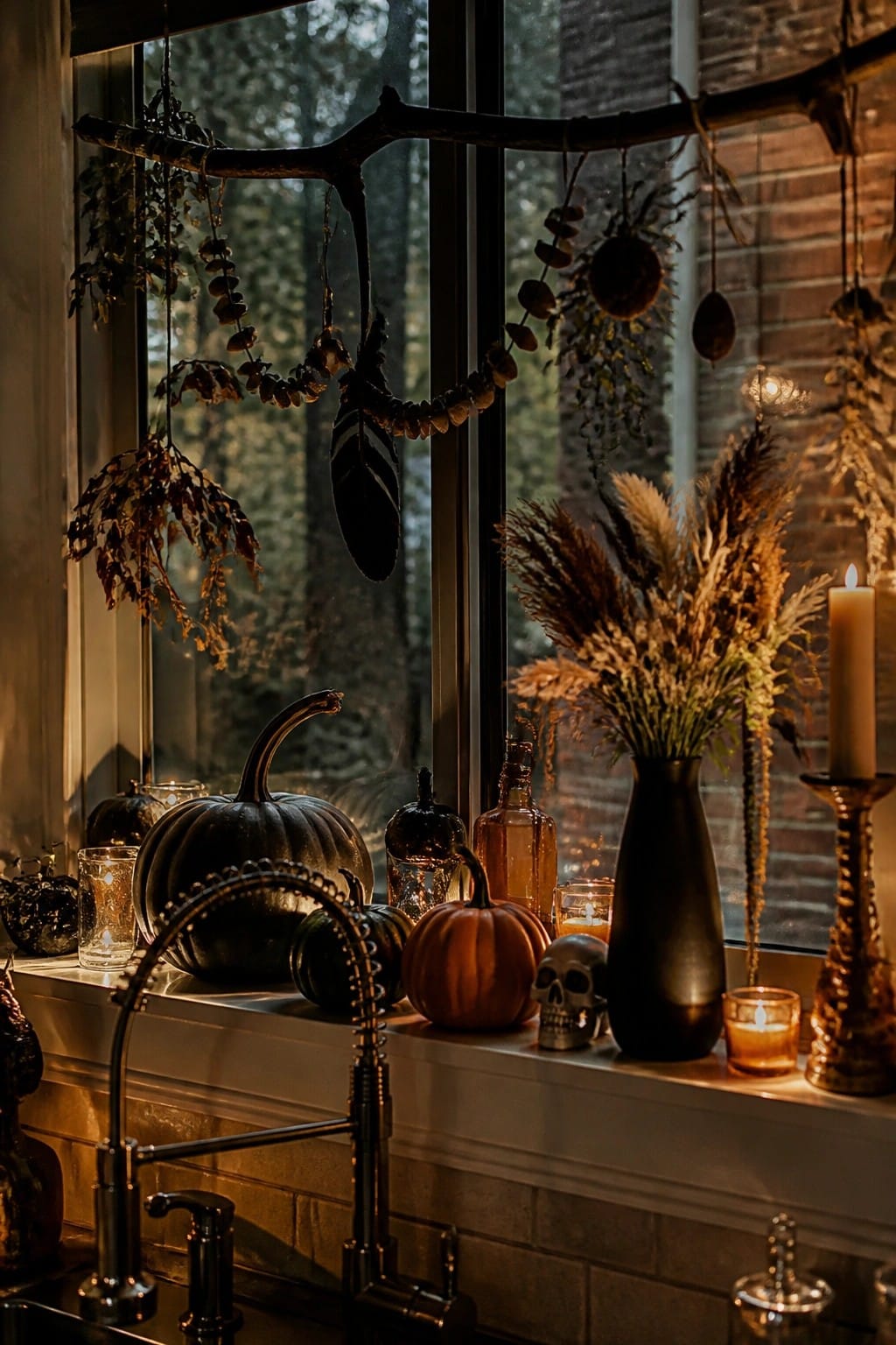 Kitchen window over a sink decorated with a dark branch hung with dried foliage, seed pods, and a large black feather, plus black and orange pumpkins and a small skull on the windowsill.