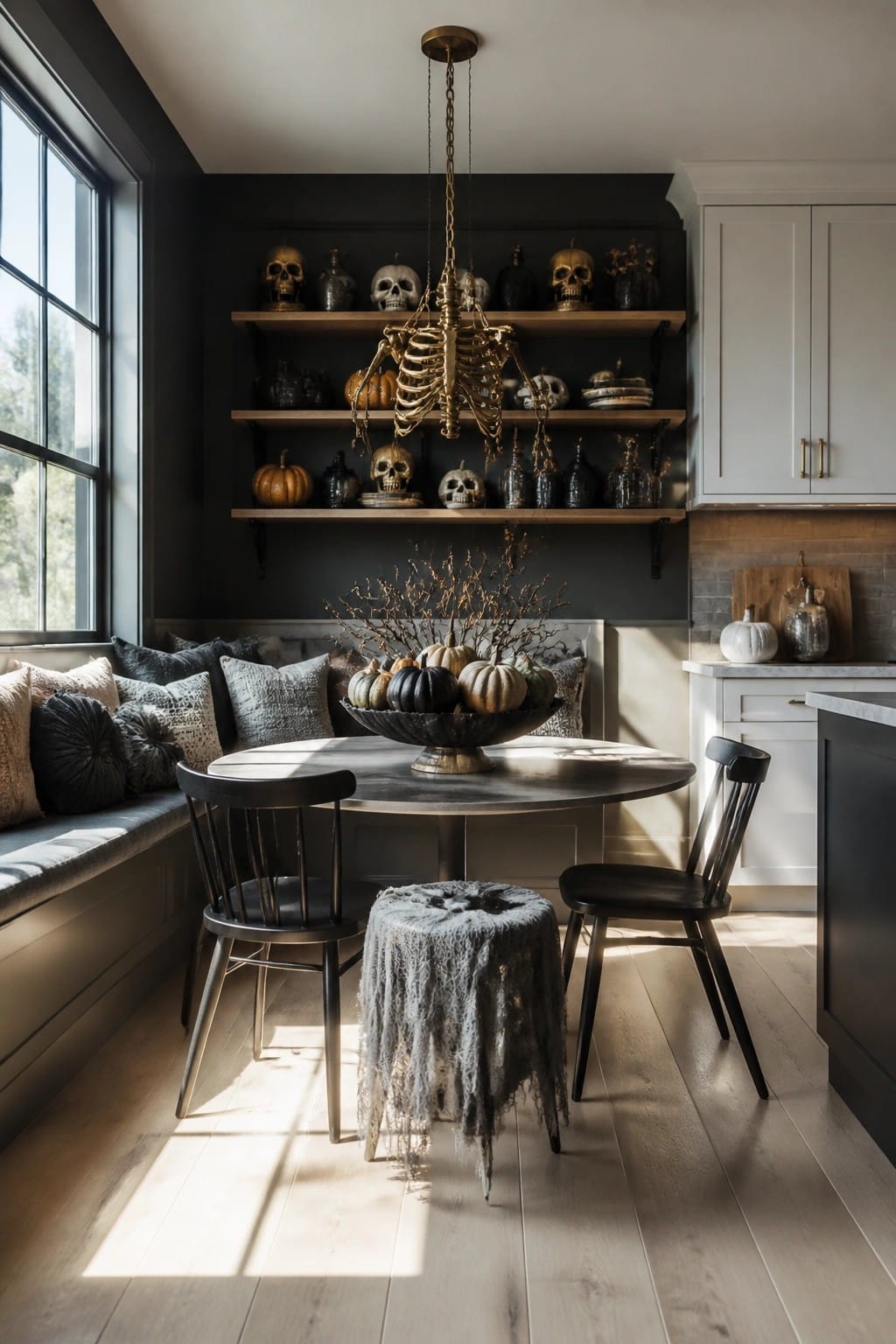 Kitchen dining nook with a hanging skeleton decoration above a round table, skulls on open shelves, and a black branch centerpiece.