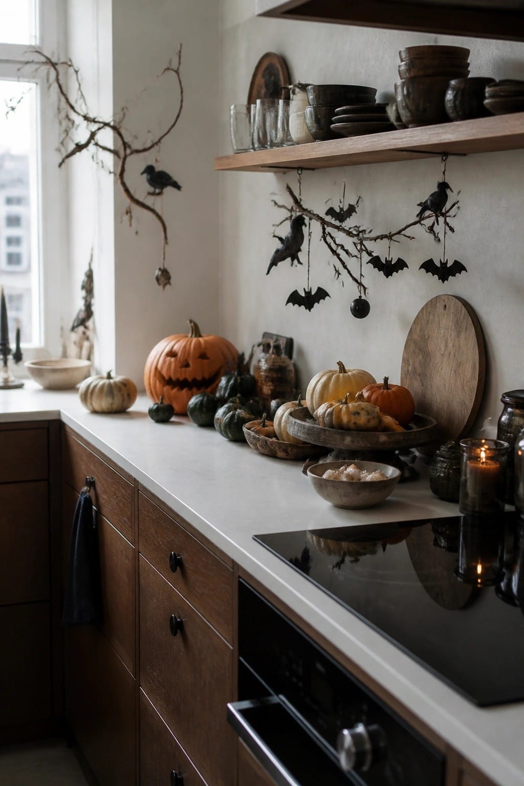 Halloween kitchen with pumpkins, bats, crows on branches, wooden shelves and lit candles.