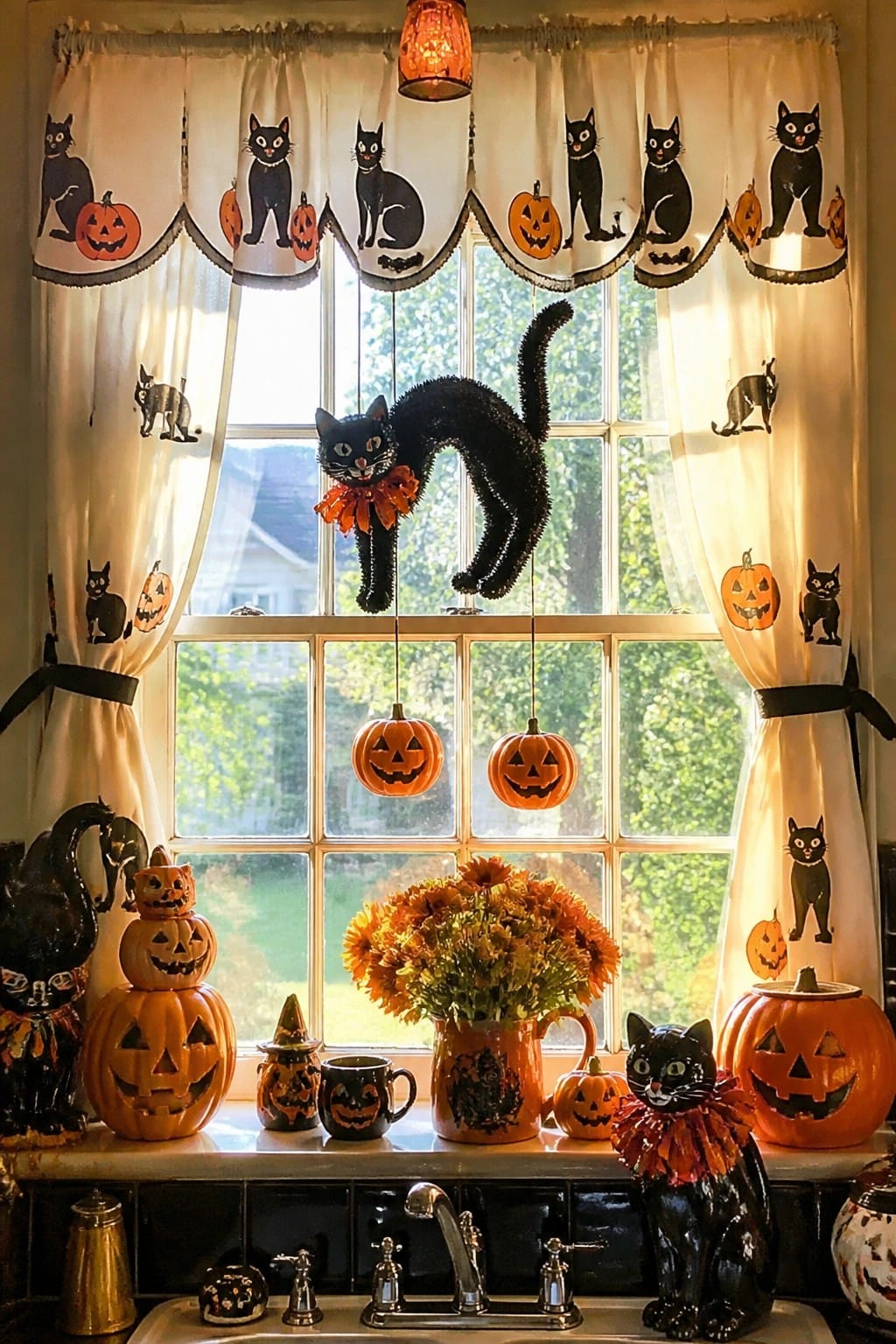 Kitchen window decorated with a large hanging black cat, cat and pumpkin patterned valance, and additional black cat and jack o lantern figures on the windowsill.