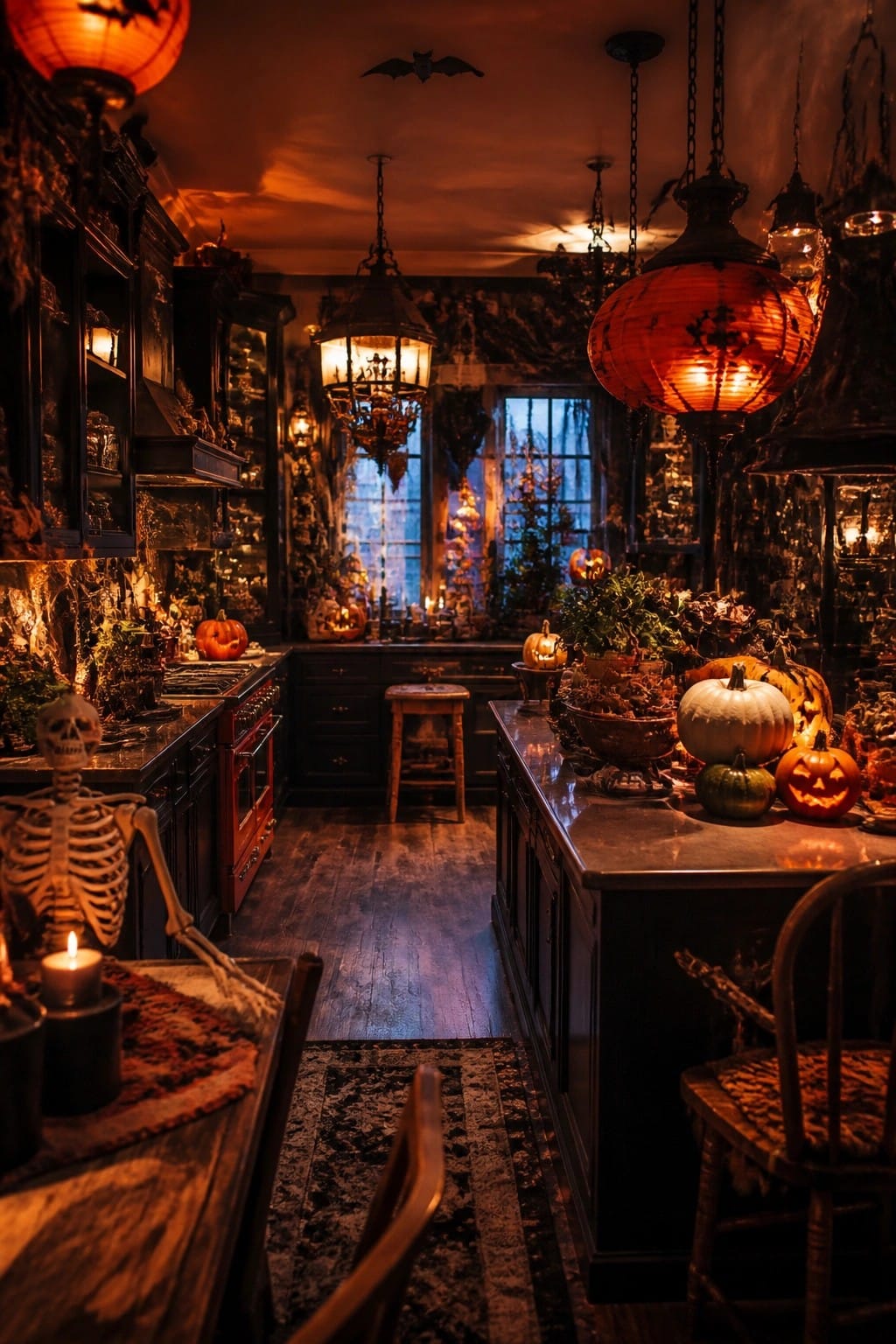 Halloween kitchen with a skeleton seated at a wooden table, multiple jack o lanterns on counters and island, and orange lanterns hanging overhead.