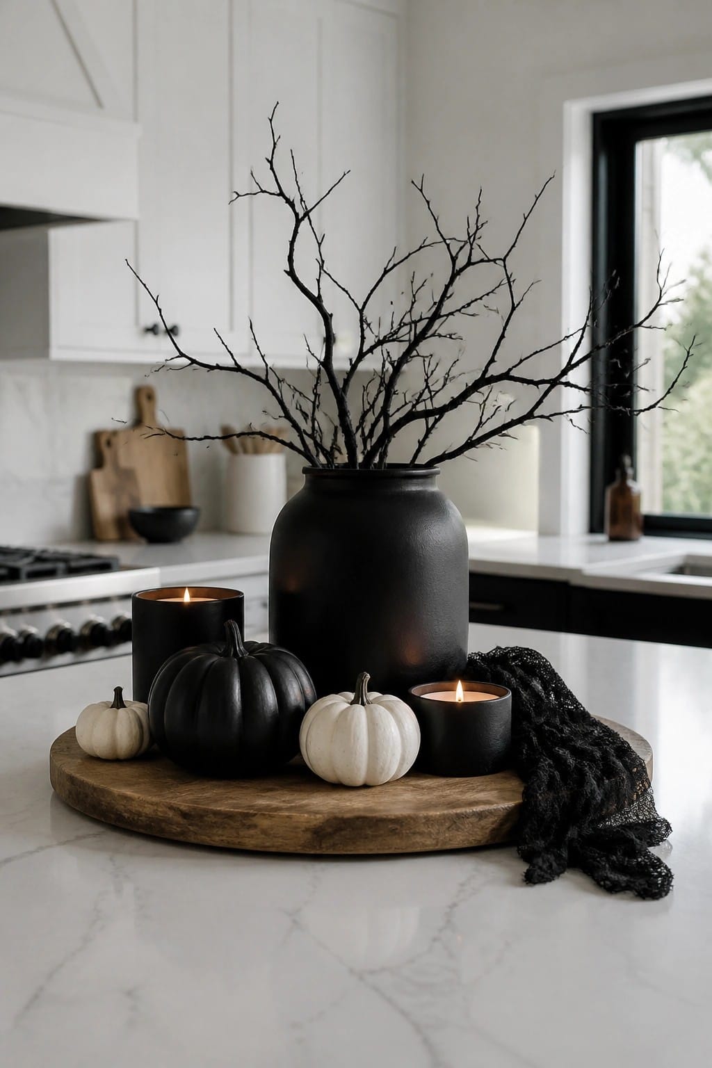 Kitchen counter vignette with a black vase holding bare branches, black and white pumpkins, and lit black candles arranged on a round wooden tray.