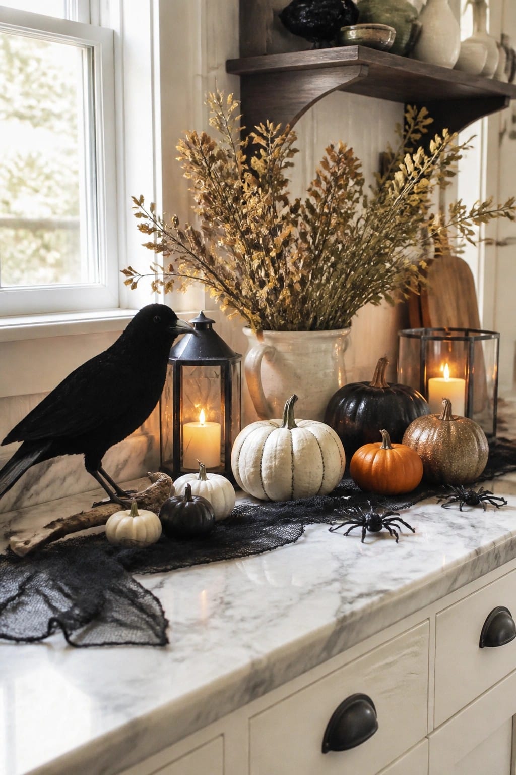 Kitchen counter decorated with a black crow figure, plastic spiders, white and black pumpkins, and candle lanterns on a marble surface.