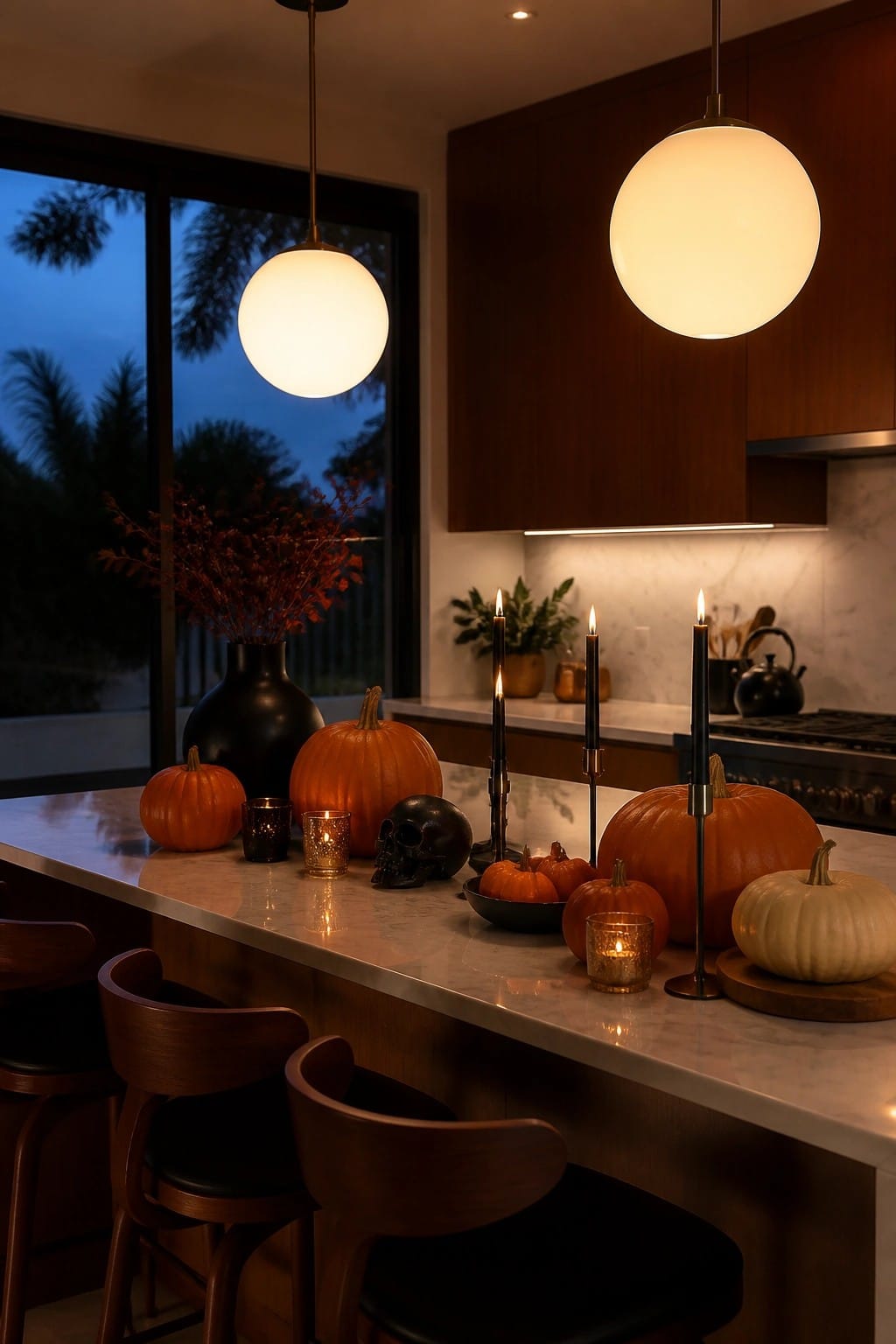 Kitchen island with orange pumpkins, a black skull, and black taper candles arranged on a marble countertop.