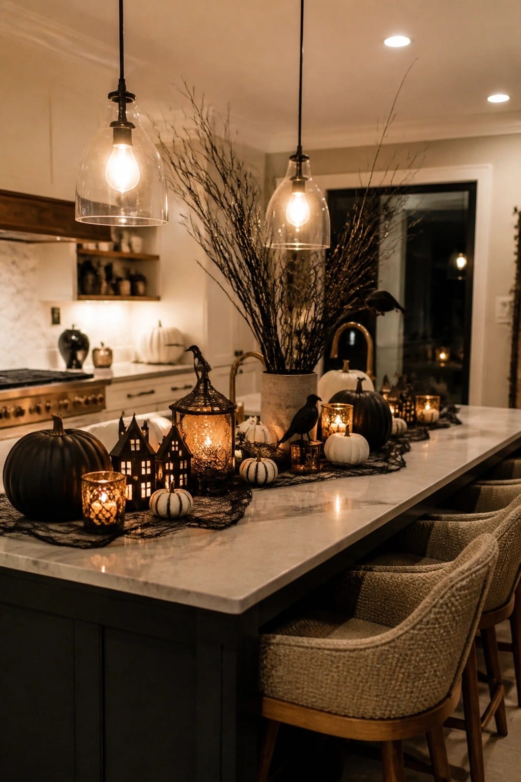Kitchen island with a large vase of black branches, black crows, glowing house lanterns, and black and white pumpkins arranged on a dark lace runner.