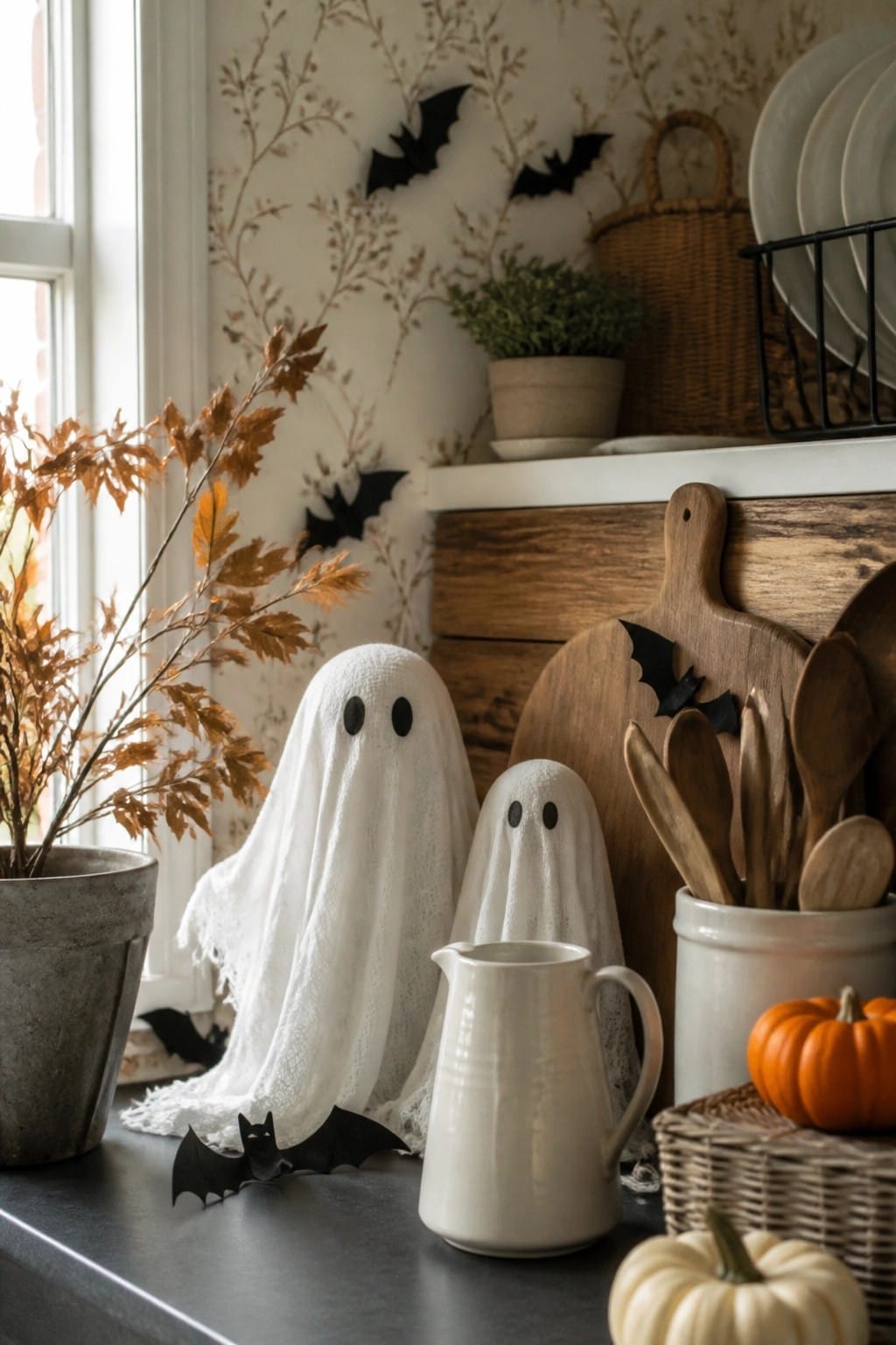 Kitchen counter styled with two white fabric ghosts and black bat accents.