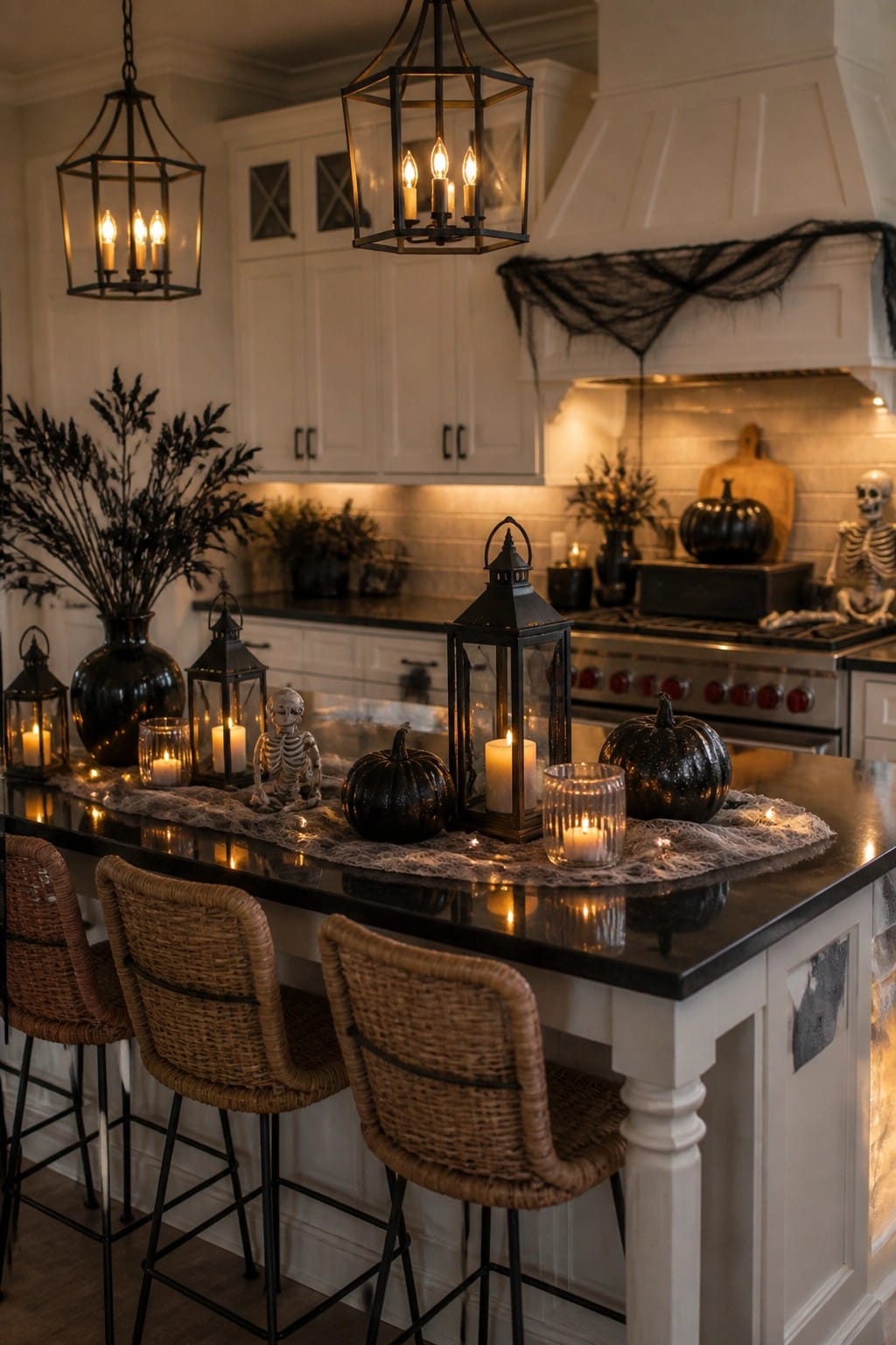 Kitchen island styled for Halloween with black lanterns, small skeleton figures, black pumpkins, and a white cobweb runner.