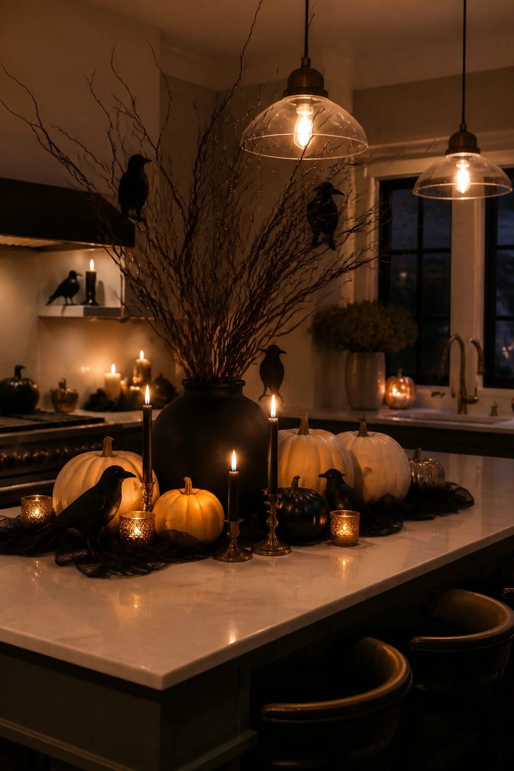 Kitchen island with a large black vase holding bare twisted branches and black crows, surrounded by white and black pumpkins plus lit candles on a marble countertop.