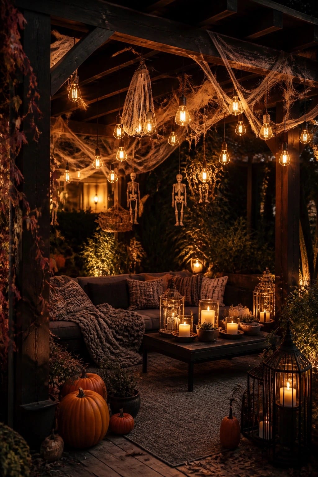 Covered outdoor patio with spiderwebs draped across dark wood beams, warm hanging string lights, and several skeletons suspended from the ceiling above a sofa and coffee table.