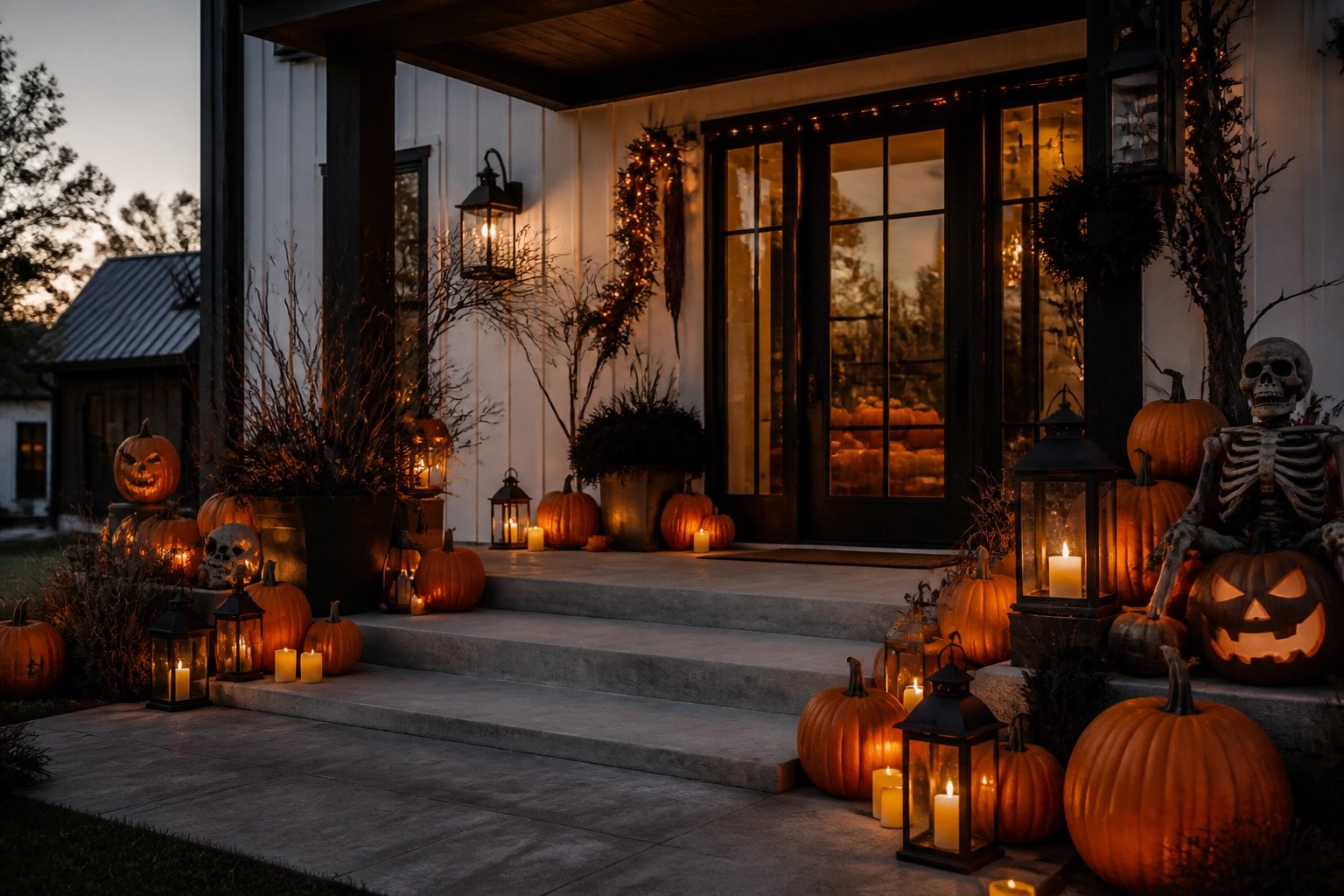 Front porch decorated with hanging fabric ghosts, carved jack-o'-lanterns, and black lanterns along a stone and wood exterior.