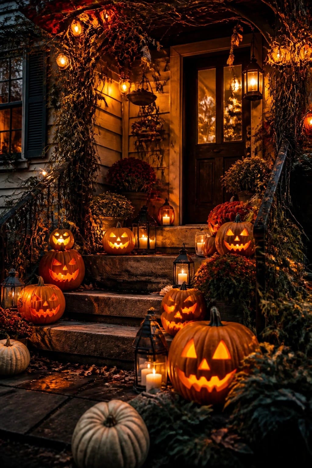 Front porch steps lined with multiple carved jack o' lanterns and lanterns glowing at night.