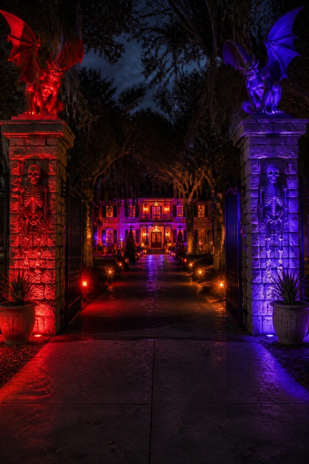 Red and blue lit gargoyles with skeletons on stone pillars at mansion entrance path