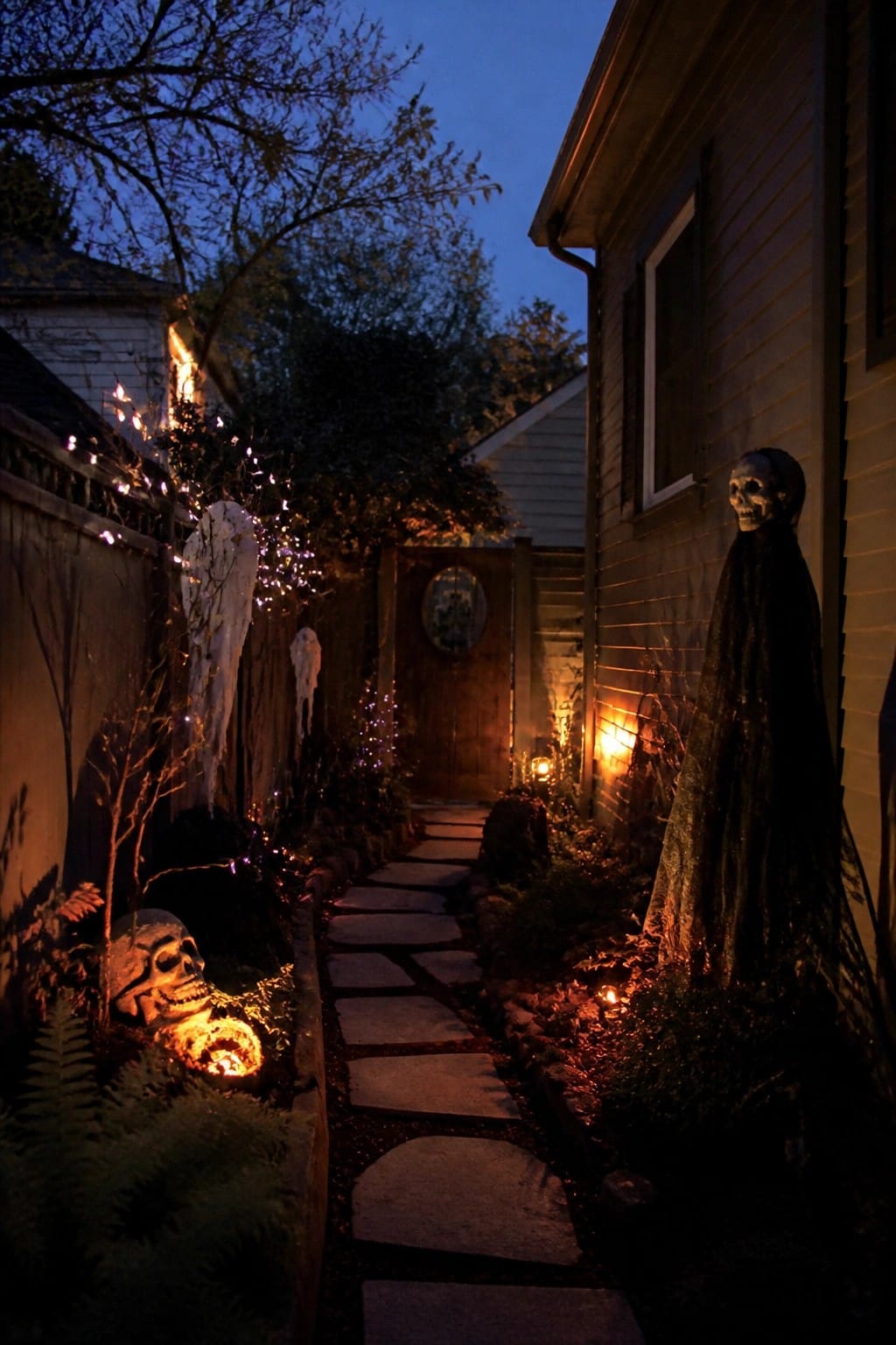 An outdoor walkway at dusk with a tall cloaked skeleton standing beside the house, hanging white ghosts on the fence, and small lights along the stone path.