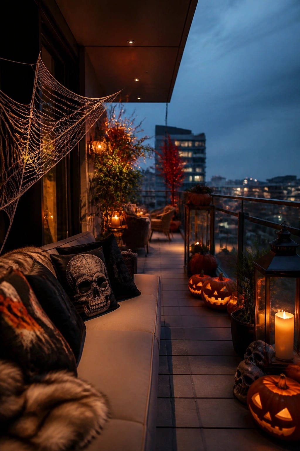Outdoor balcony at dusk lined with glowing jack o'lanterns, glass lanterns, and a large spiderweb on the left side.