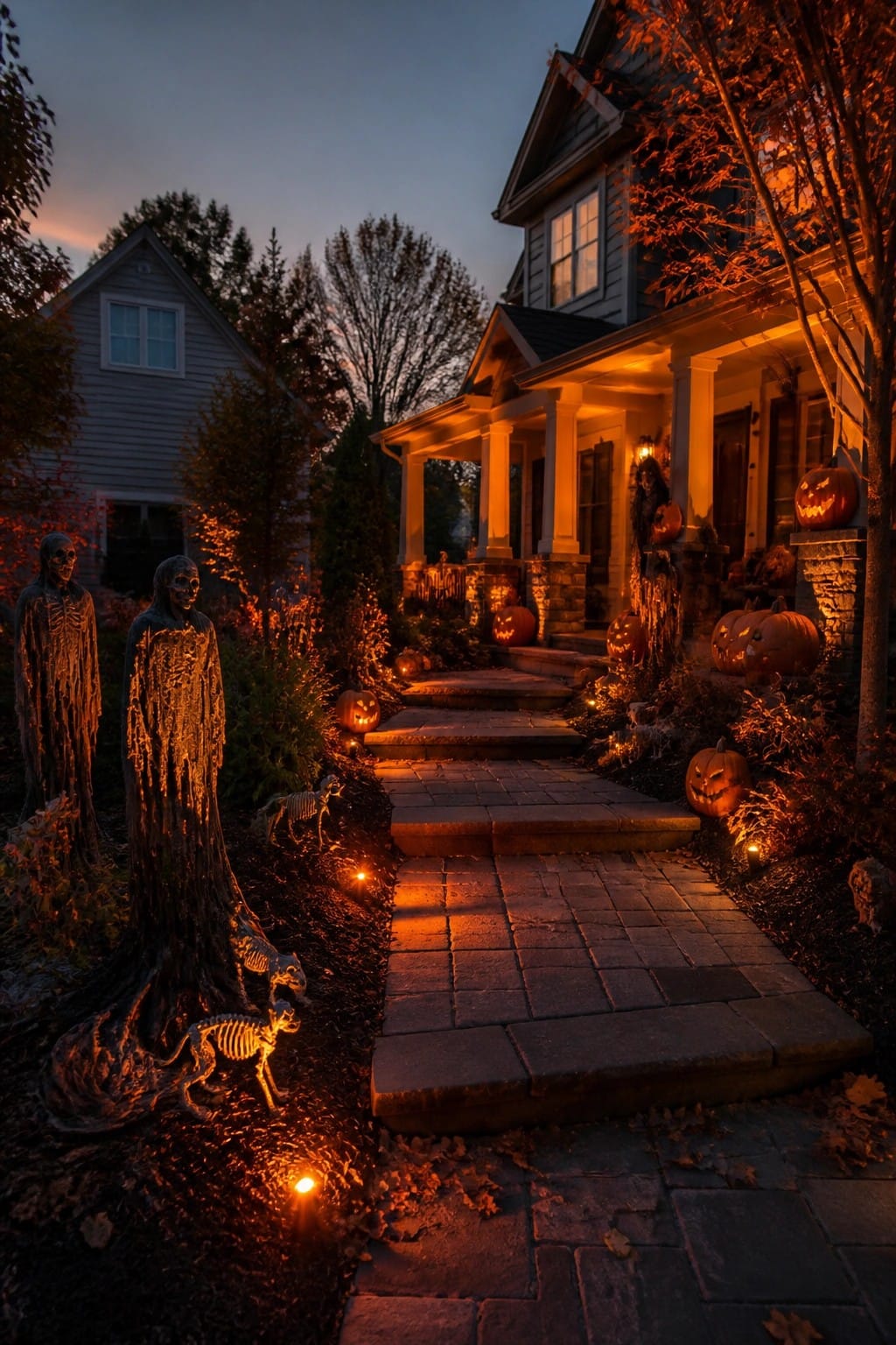 Walkway lined with tall skeleton figures and multiple glowing jack o lanterns at dusk leading to a front porch.