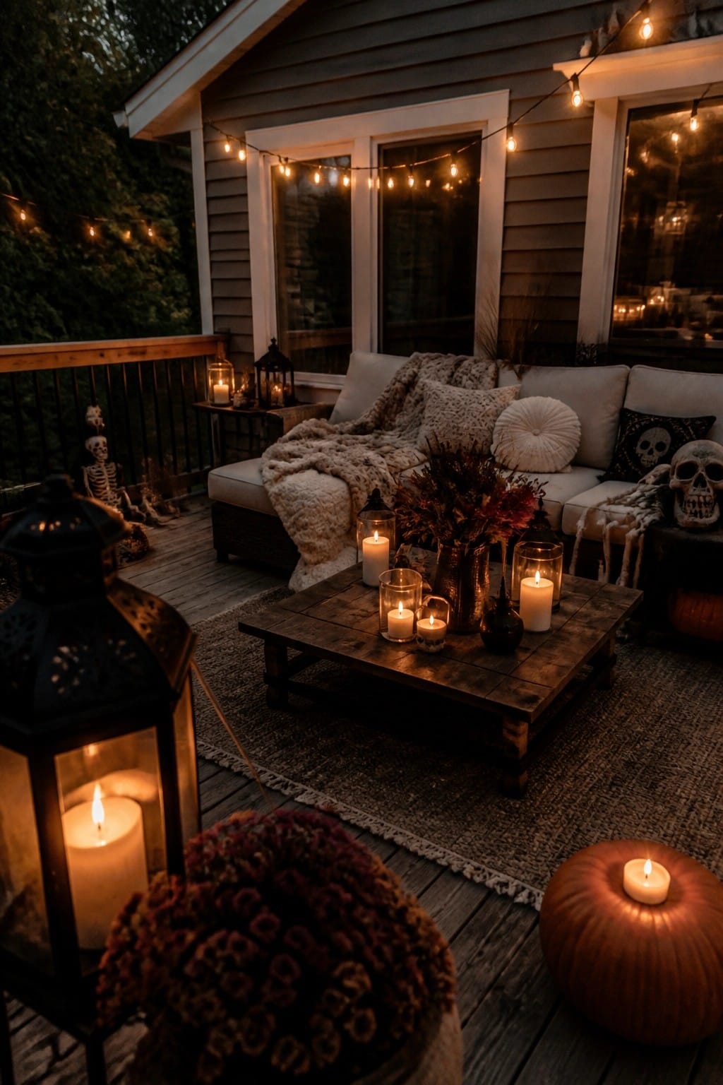 Outdoor deck at night with skeletons positioned near the railing and seating area, surrounded by glowing lanterns and candles on a wooden table.