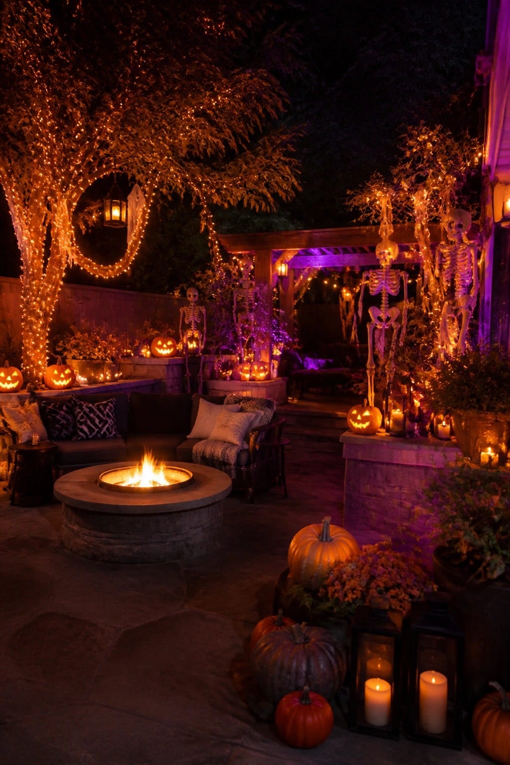 Outdoor patio at night with multiple skeletons lit by string lights and purple accent lighting, surrounded by glowing jack o lanterns and lanterns near a fire pit.