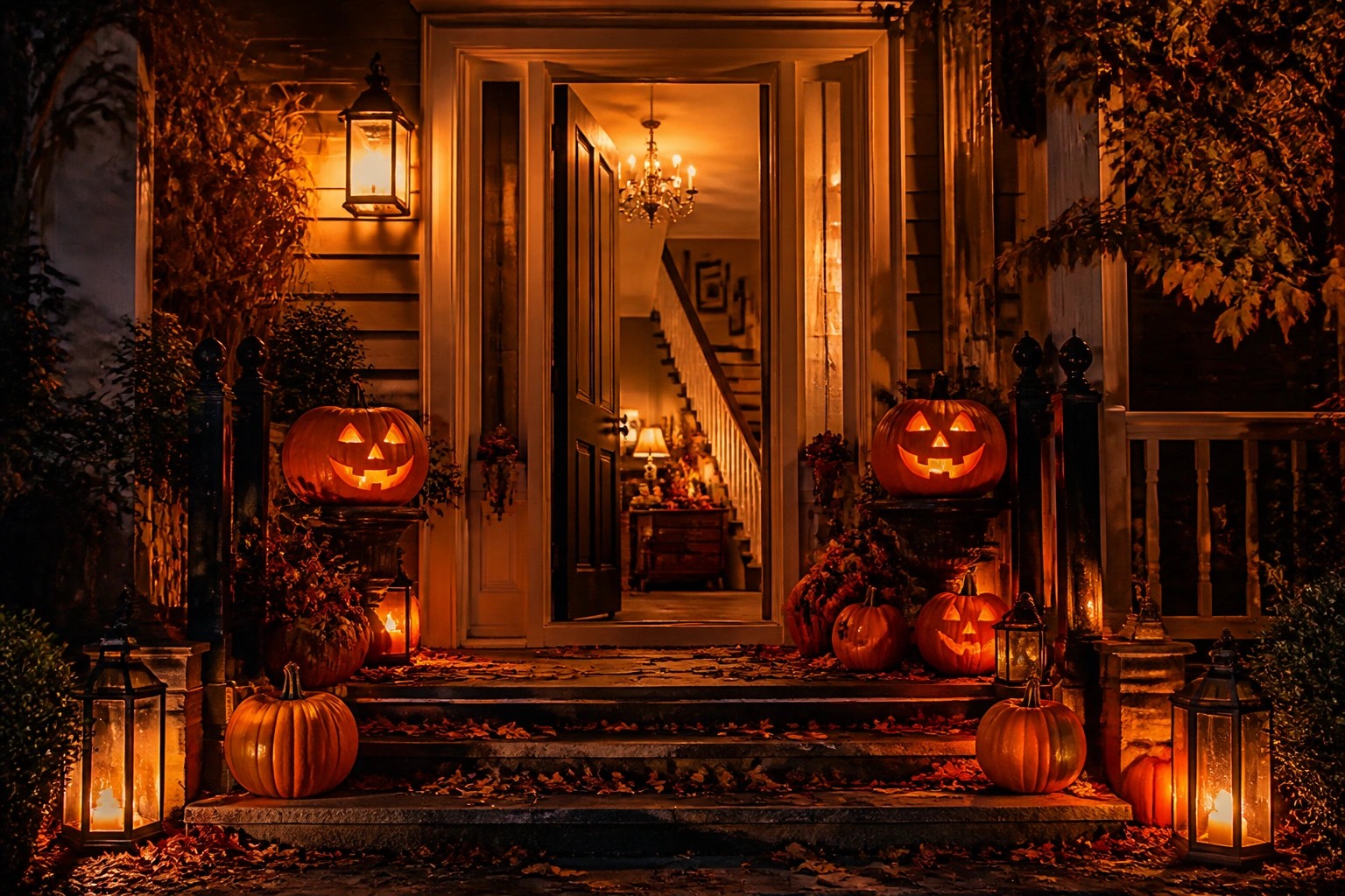 Front porch at night with a wooden door featuring a dark wreath, spiderwebs on the glass, black drapes on the columns, pumpkins, and glowing lanterns on the steps.