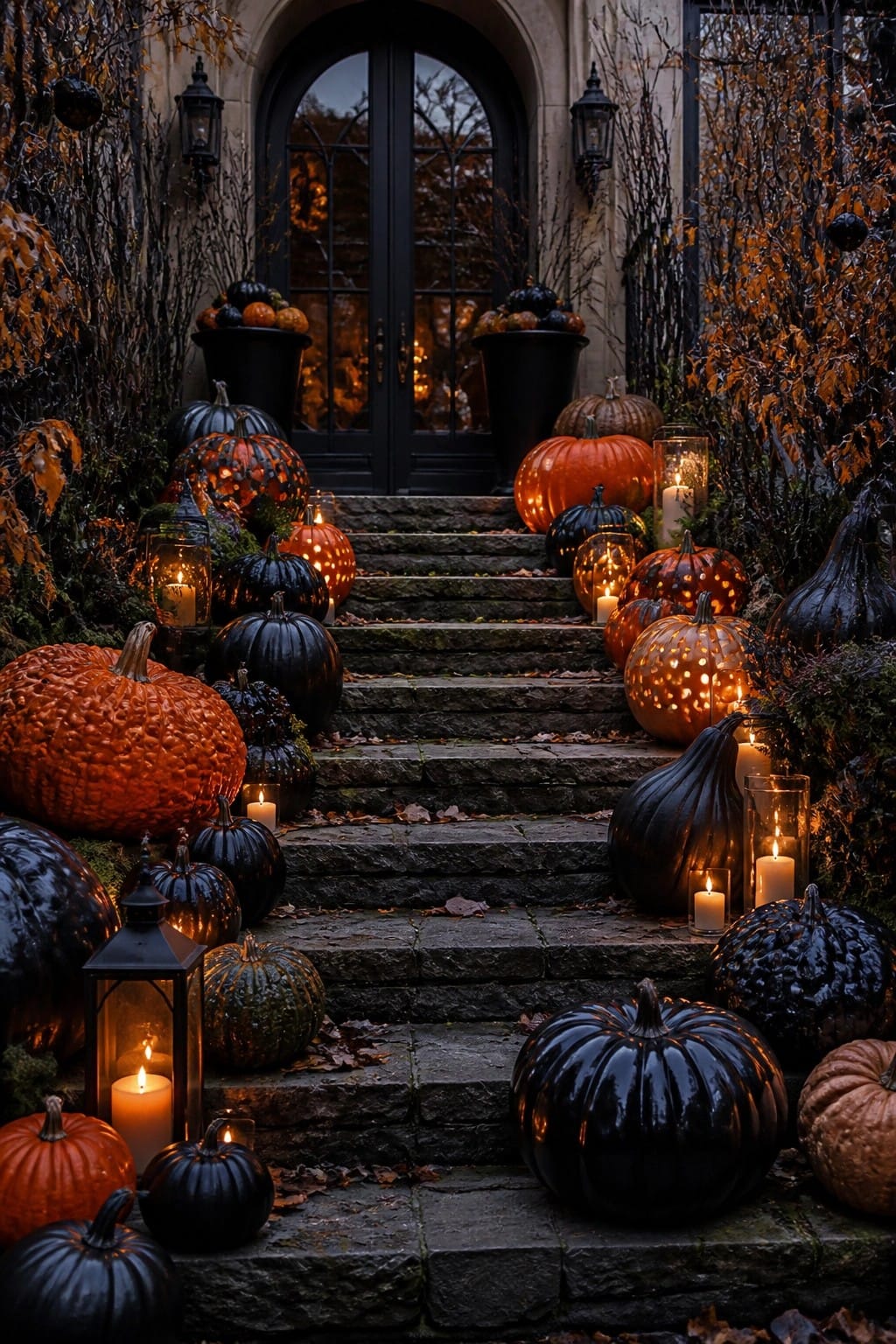 Stone steps to a front door lined with carved glowing orange and black pumpkins and several lit candles in glass lanterns.
