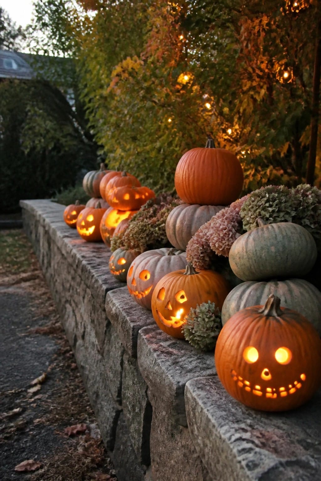 Stone wall beside a path lined with carved jack-o-lanterns of varying sizes, some stacked with pale gourds and dried flowers.