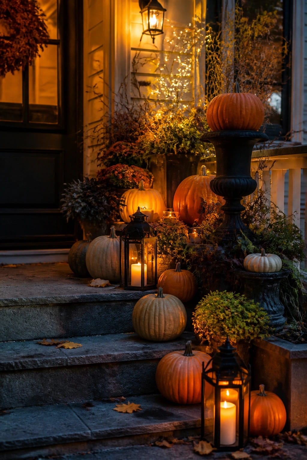 Stone steps with pumpkins, glowing lanterns, and string lights on autumn porch.