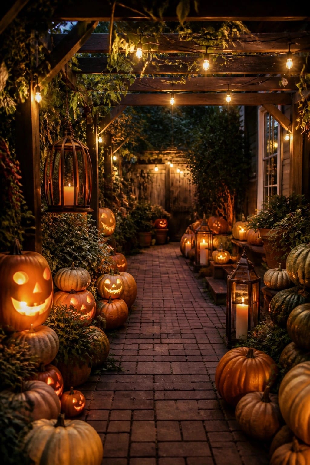 Glowing jack-o'-lanterns and lanterns lining brick path under wooden pergola with lights