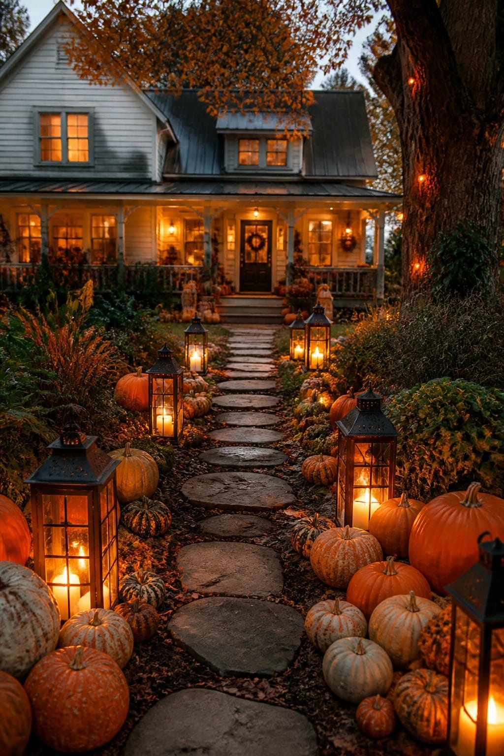 Glowing lanterns and pumpkins line a stone path to a warmly lit house at dusk