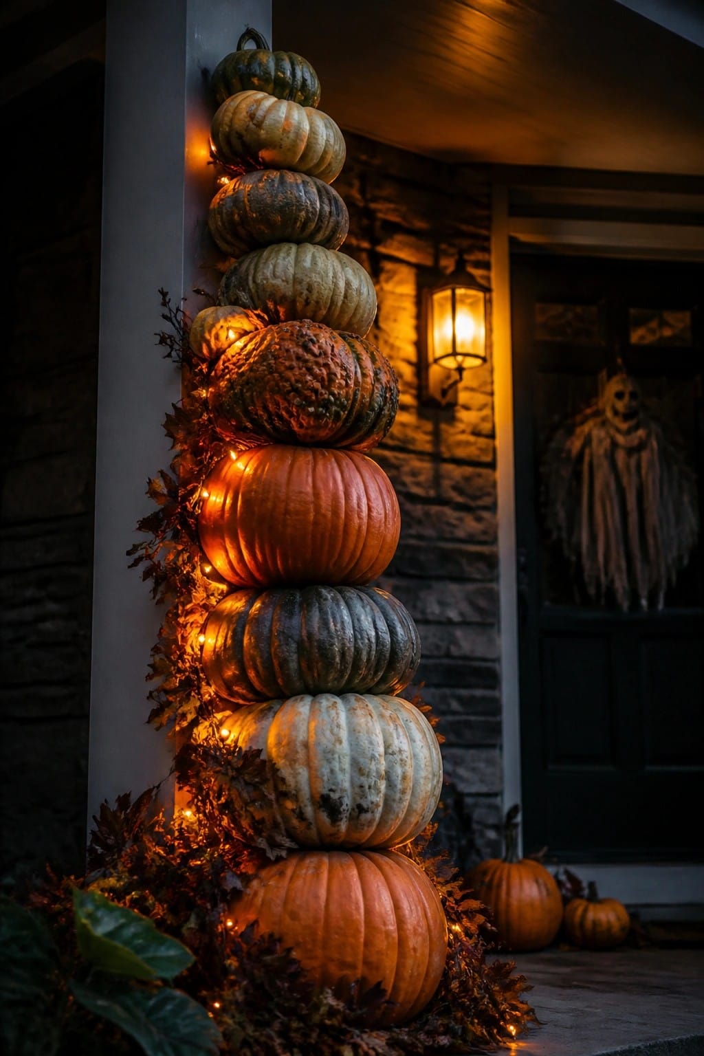 Front porch column stacked with pumpkins of different sizes and colors, wrapped with string lights, next to a dark front door.