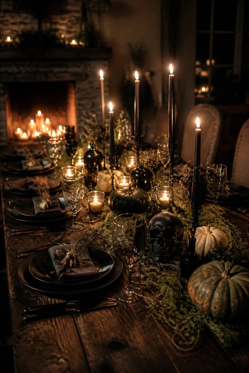 Rustic dining table set with black plates, a black skull centerpiece, tall black candles, and pumpkins on a moss runner.