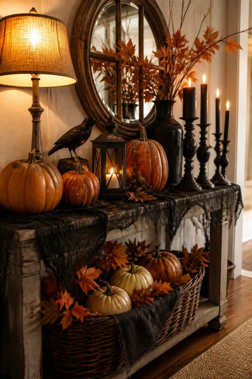 Rustic console table styled for Halloween with black taper candles, a black crow figure, orange pumpkins, and a black lace runner under a round mirror.