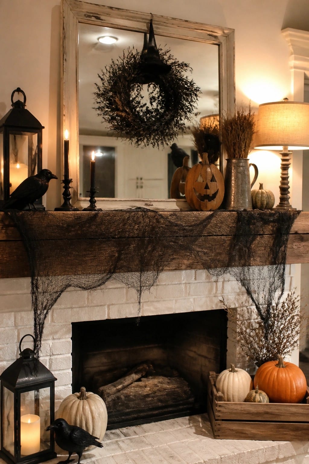 Rustic white brick fireplace mantel draped with black webbing and decorated with carved jack-o'-lanterns, black crows, lanterns, and pumpkins in a wooden crate.