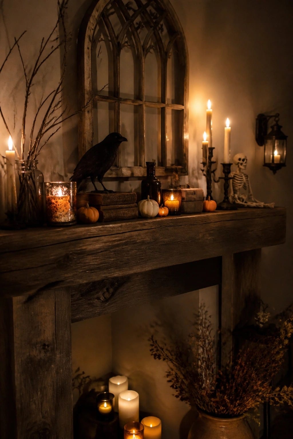 Rustic wooden mantel decorated for Halloween with a black crow on stacked books, a small skeleton, candles, and pumpkins in front of an old arched window.