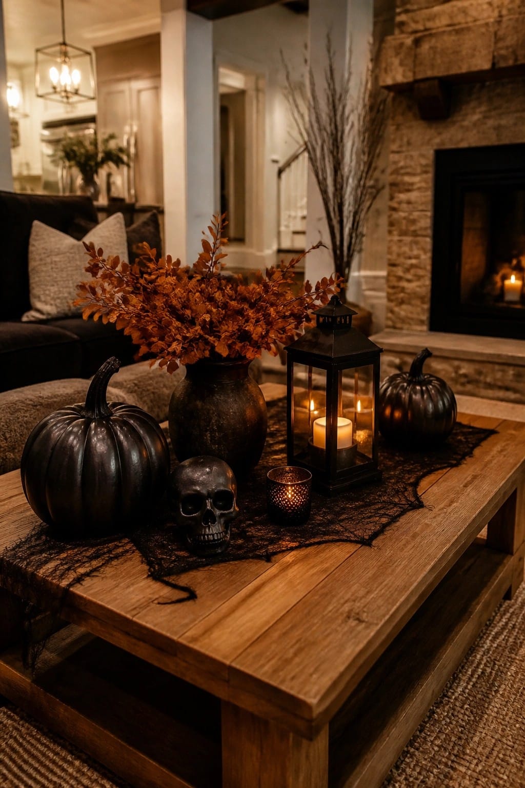 Wooden coffee table styled with black skulls, metallic pumpkins, a lantern, and black web fabric in a farmhouse living room.