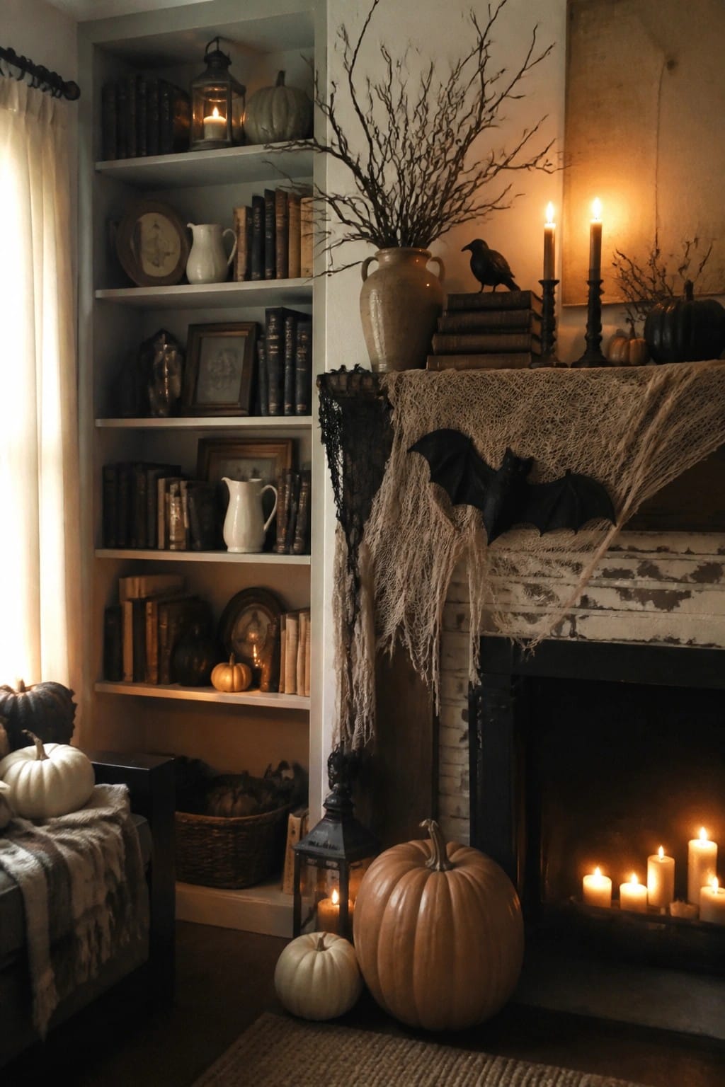 Fireplace with spiderwebs, bats, candles, pumpkins, and bookshelves in warm candlelight.