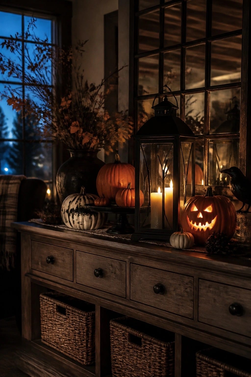 Wooden console with pumpkins, glowing jack-o'-lantern, black lantern, crow, and autumn decor