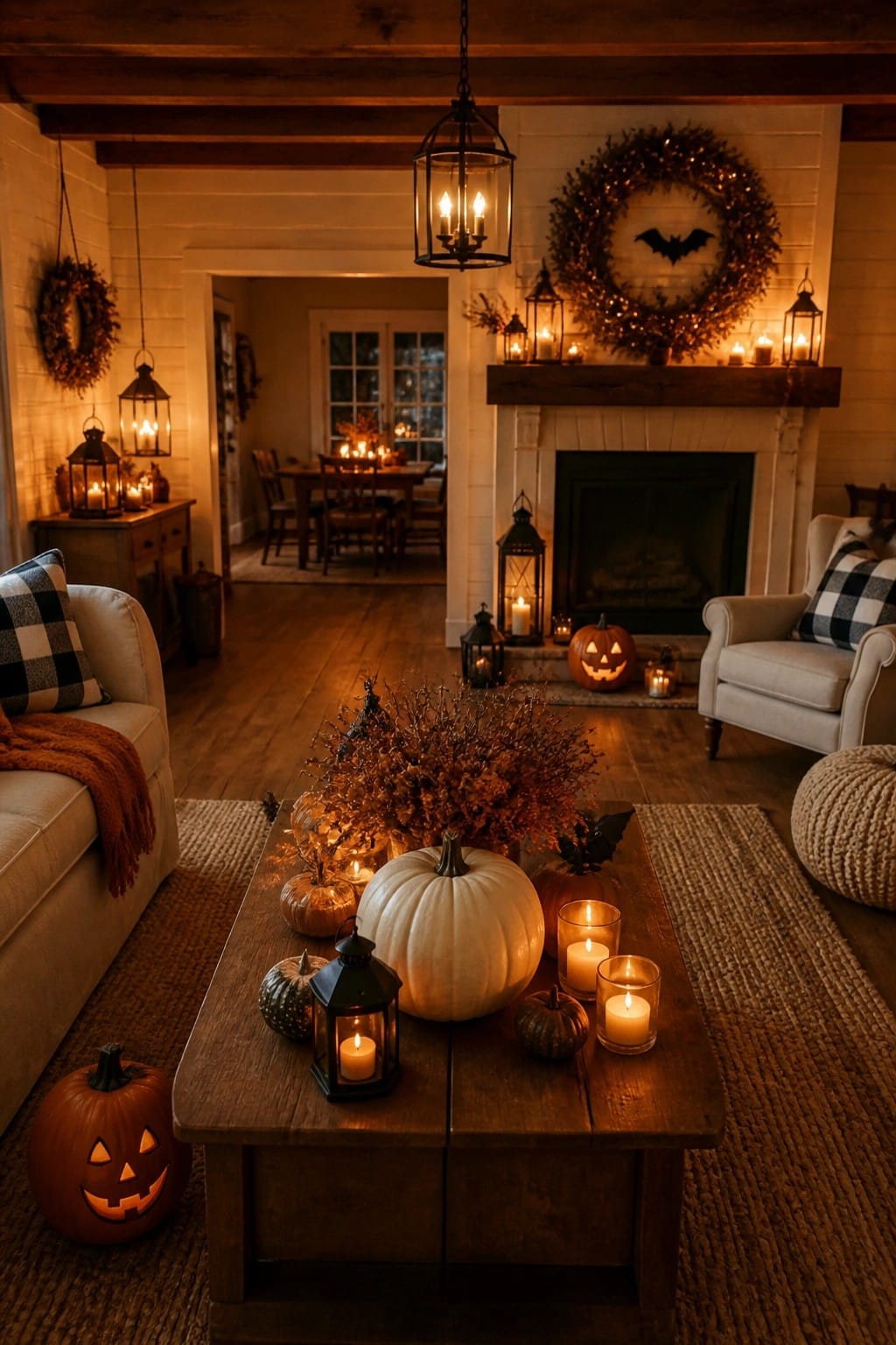 Cozy living room with white pumpkin, lanterns, candles, and jack-o'-lantern by fireplace