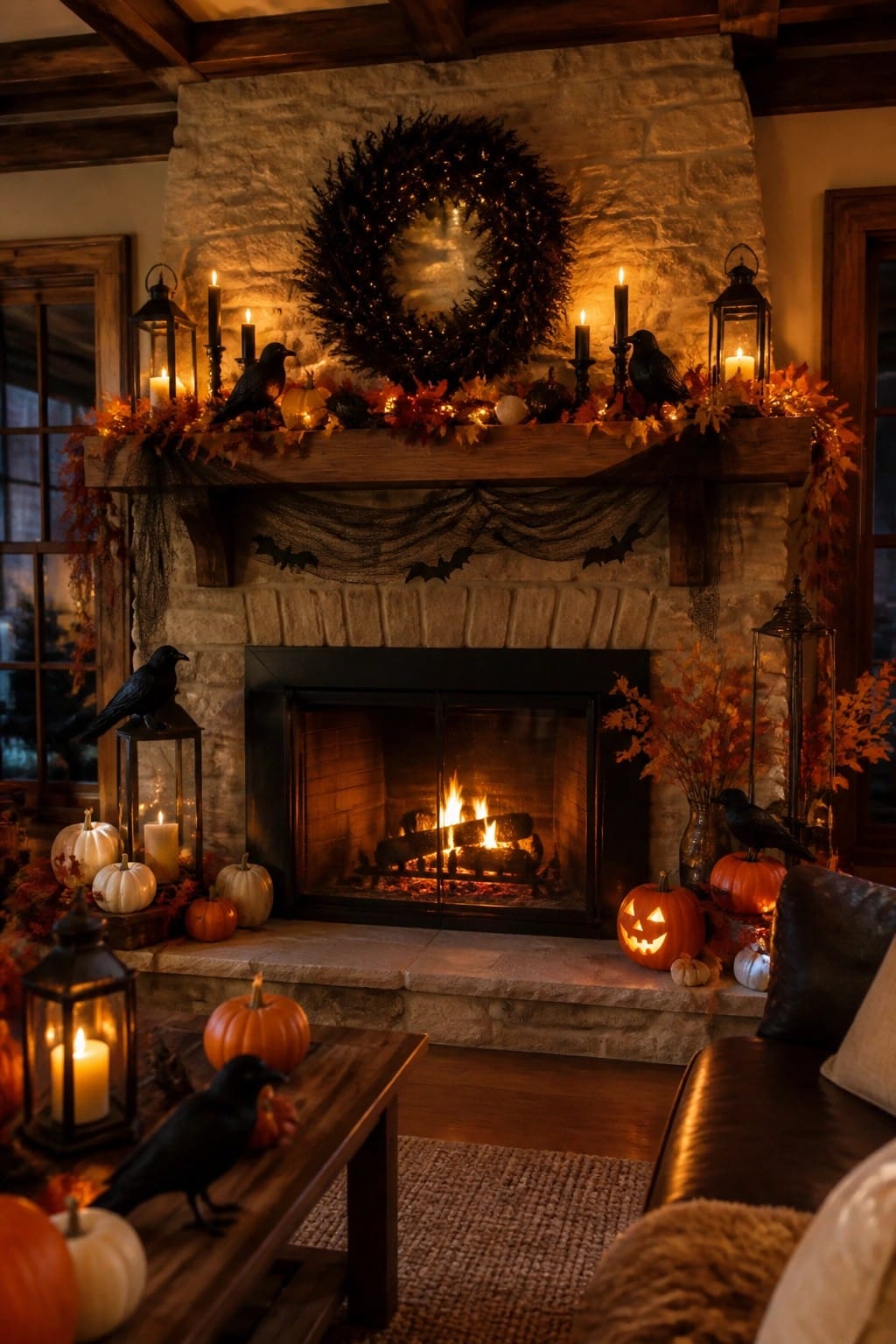 Stone fireplace mantel styled for Halloween with black bats hanging below, crows on the mantel, candles, a wreath, and a carved jack o lantern on the hearth.