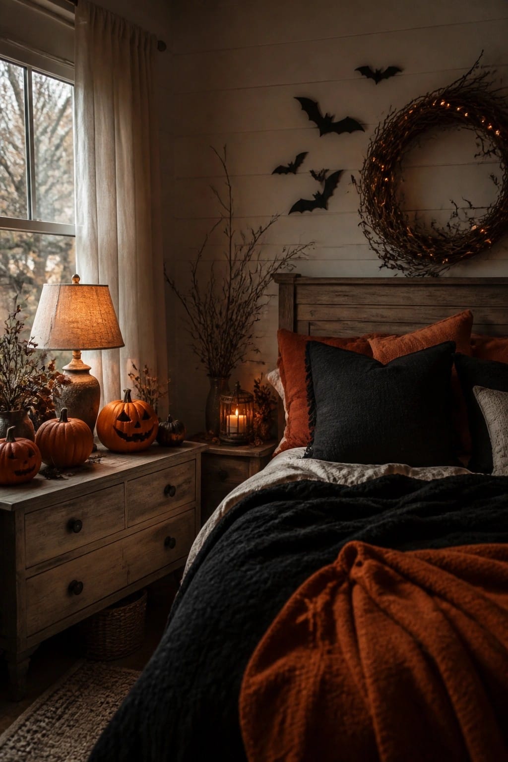 Rustic bedroom with black bat cutouts arranged on the wall above a wooden bed, jack-o'-lantern pumpkins on a nearby dresser, and a lit twig wreath.