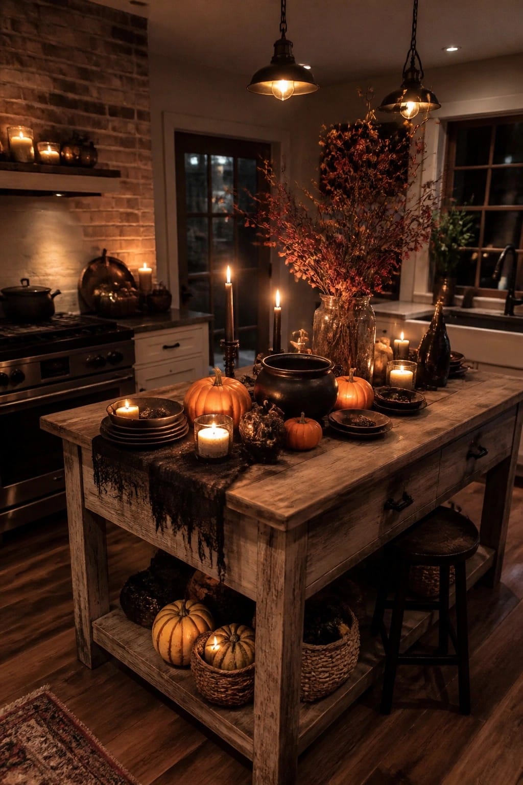 Rustic wooden kitchen island styled for Halloween with a large black cauldron, lit candles, orange pumpkins, and a dark runner.