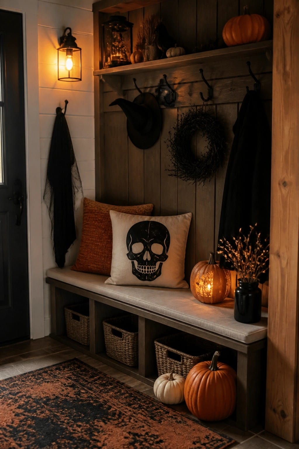 Rustic entryway bench with a skull pillow, witch hat on the wall, glowing jack o lantern, and black wreath.