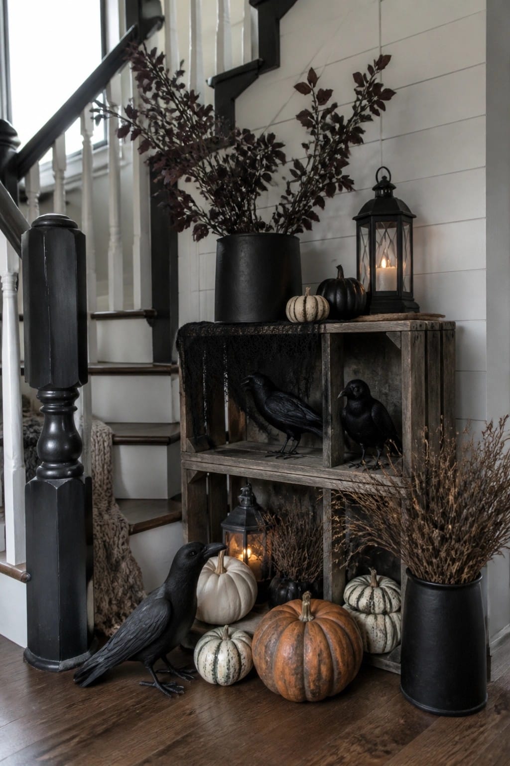 Entryway vignette with black crows placed inside and around rustic wooden crates beside a staircase, accented with pumpkins and black branches.