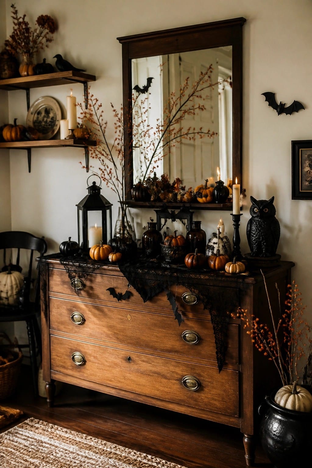 Wooden console table decorated for Halloween with black bats on the mirror, hanging from the drawers, and mounted on the wall, surrounded by pumpkins, lanterns, and black lace.