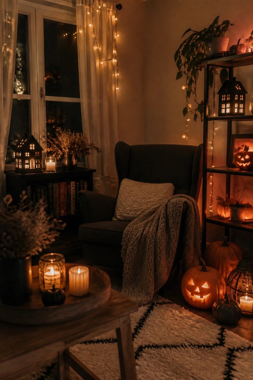 Cozy living room corner with multiple carved jack o lanterns glowing on the floor, shelves, and a wooden tray beside a dark armchair.