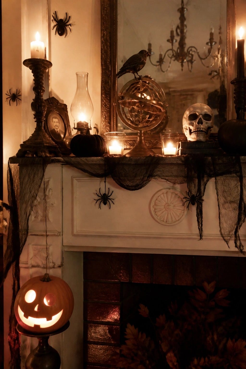 White fireplace mantel styled with a skull on books, a black crow on a globe, plastic spiders, draped dark fabric, and candles.