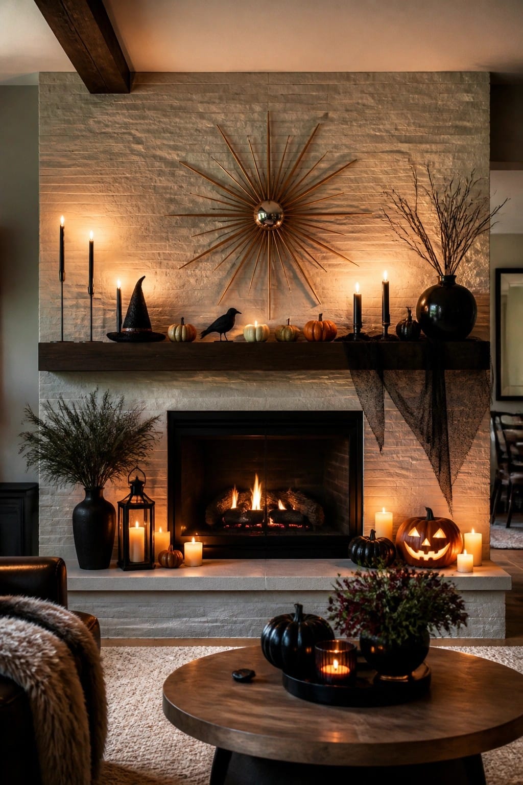 Living room fireplace mantel styled with carved pumpkins, candles, a witch hat, and a black crow for Halloween.