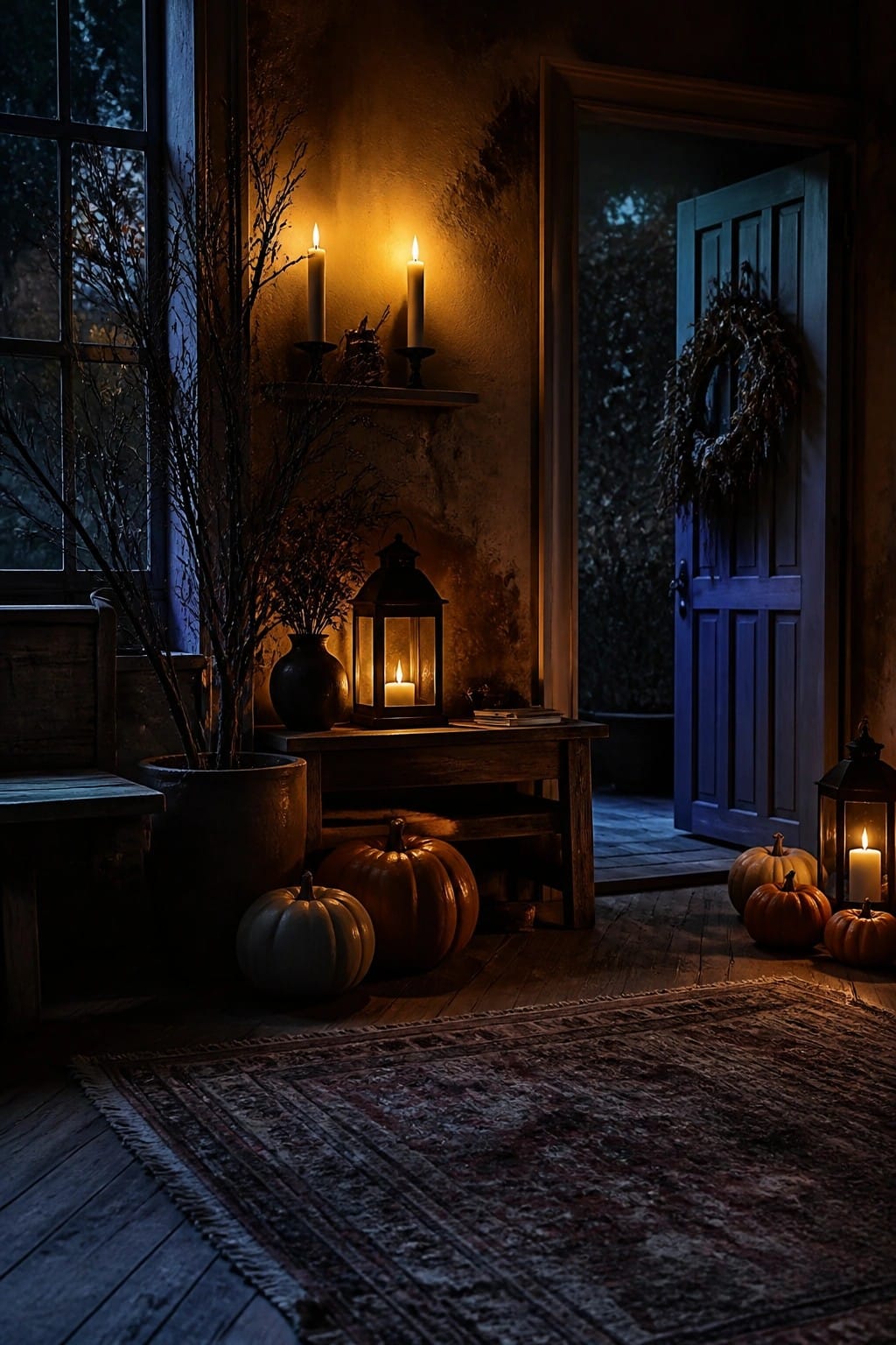 Entryway at night with a wooden table holding glowing lanterns and pumpkins next to an open blue door.